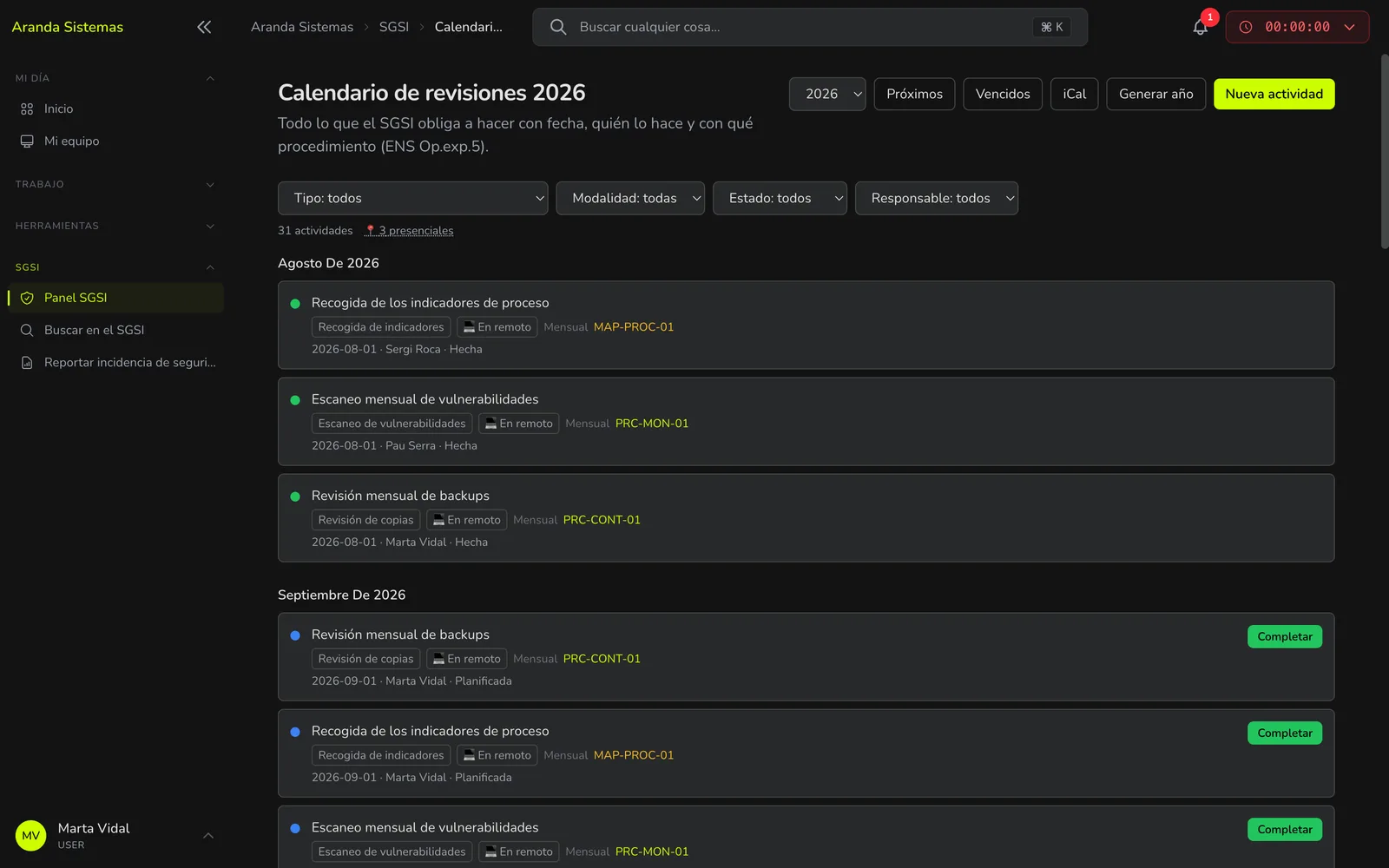 Calendrier annuel des obligations du SMSI avec tâches terminées et planifiées