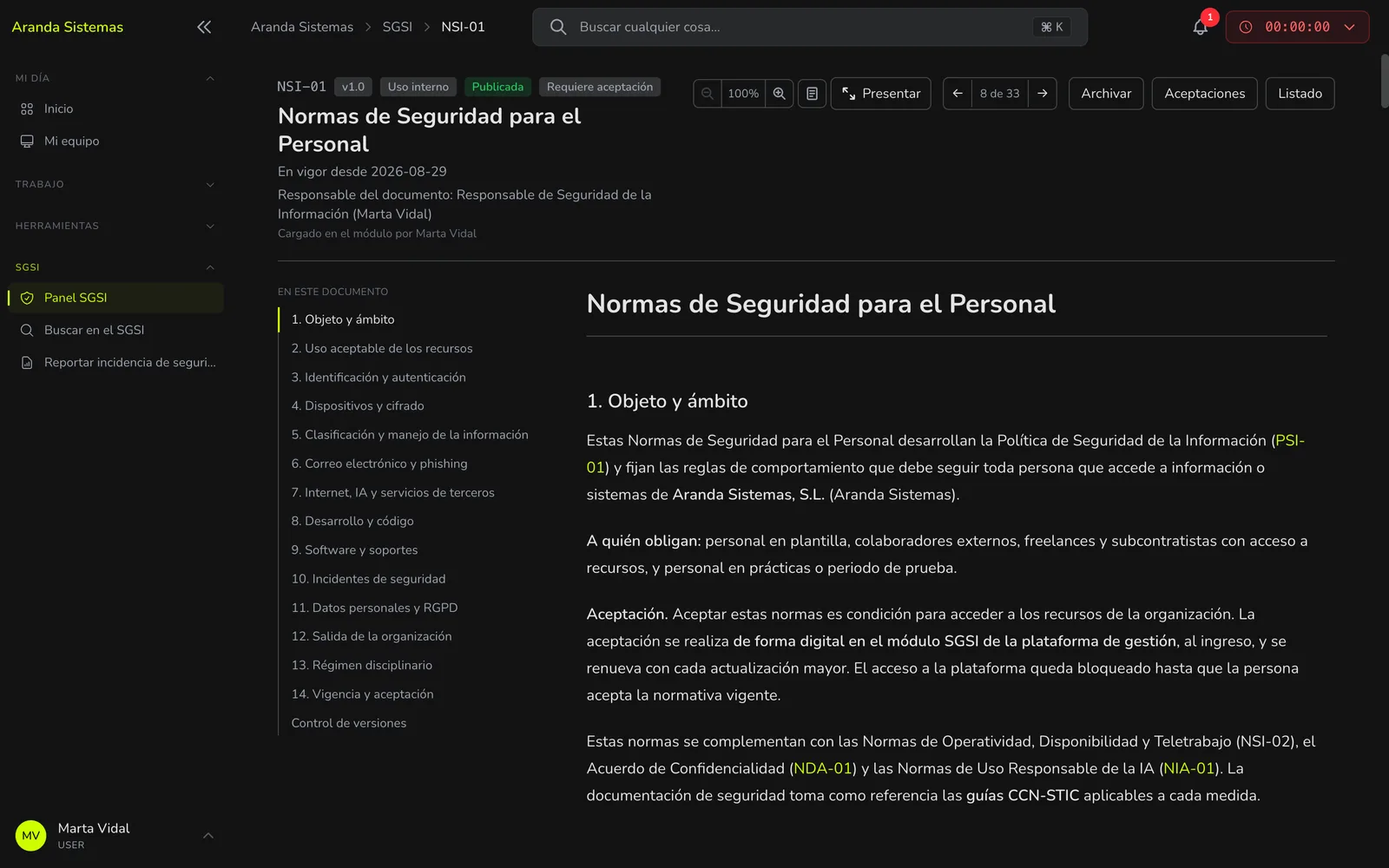 Document de sécurité publié dans Nexo SGSI avec version, acceptation requise et sommaire