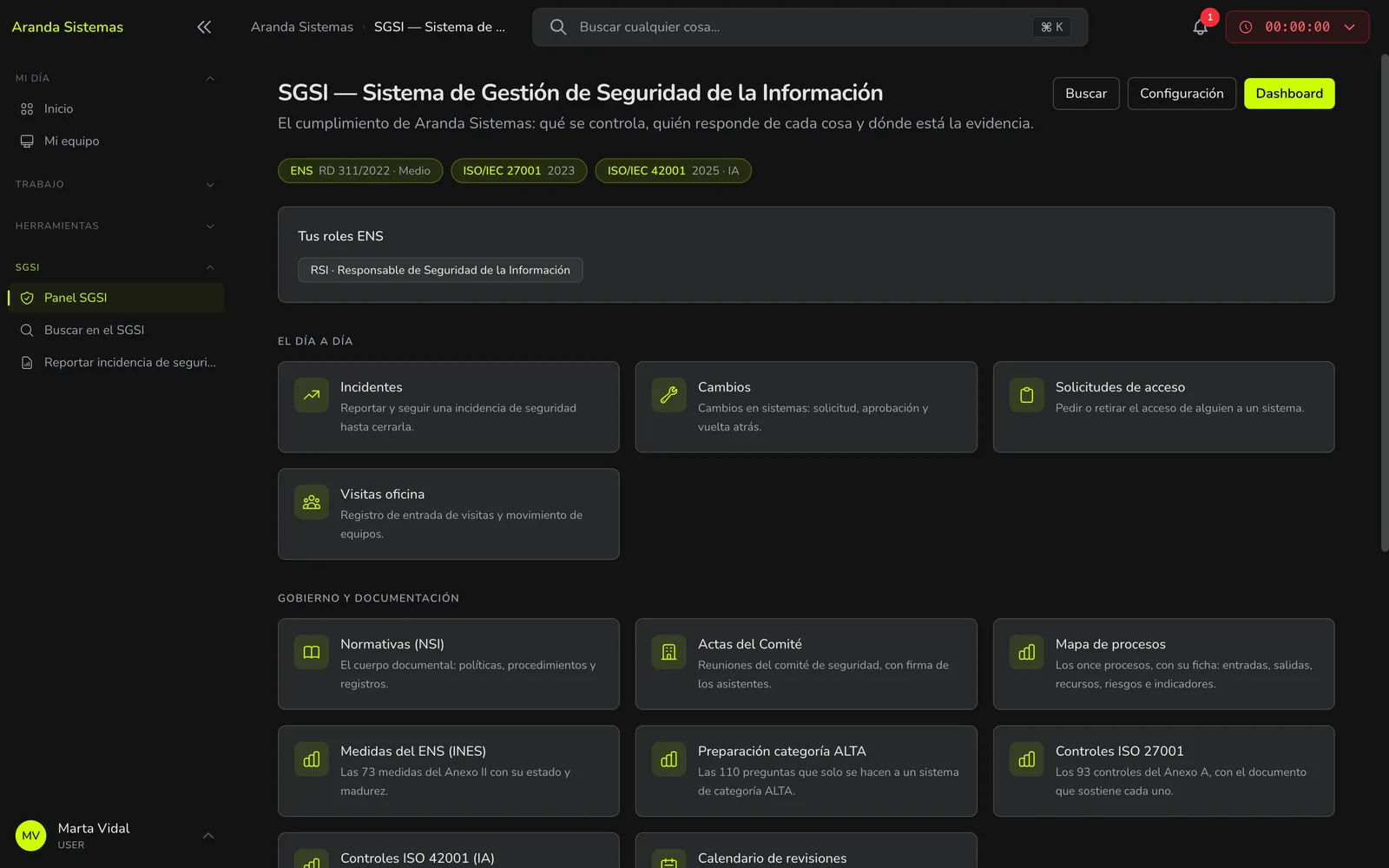 Accueil du module SGSI avec les trois normes actives et la carte des sous-modules