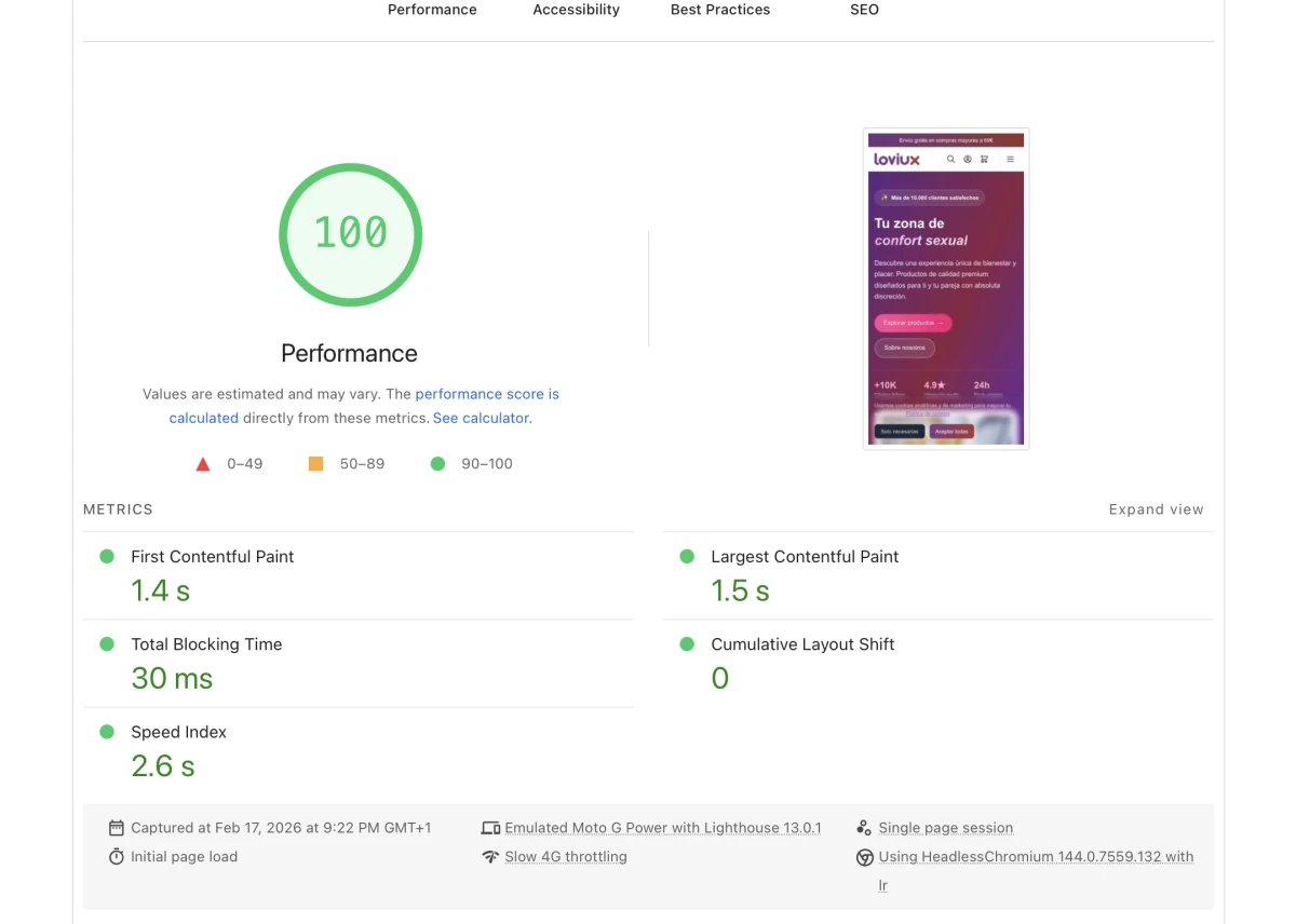 PageSpeed Insights score of 100 on a Magento 2 store with Hyvä — Loviux real case