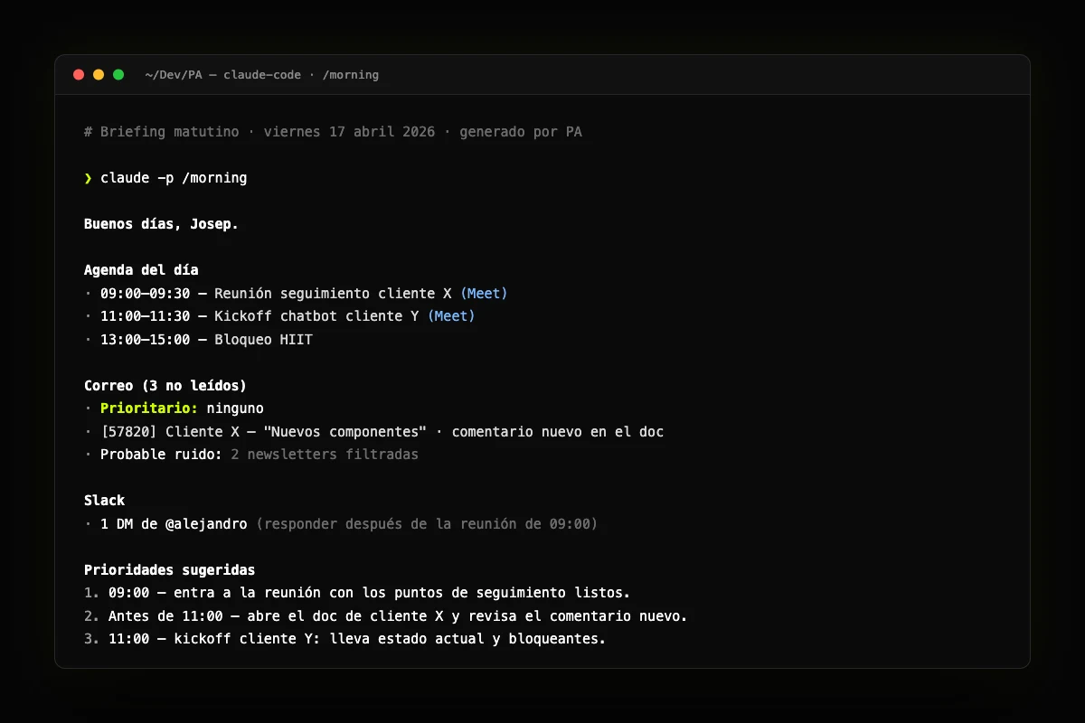 Briefing matutino del PA: salida real de claude -p /morning con agenda, correo prioritario, Slack y prioridades sugeridas