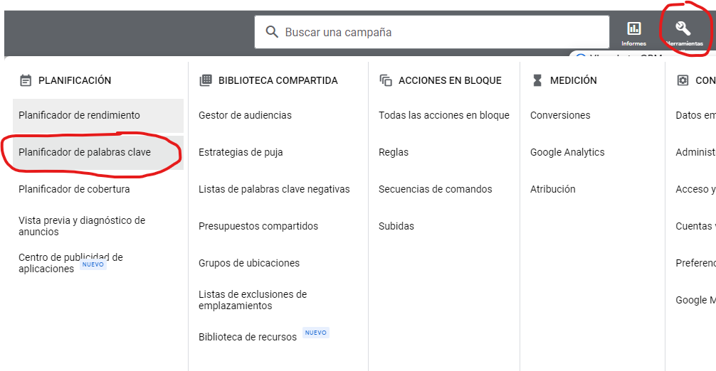 Herramienta Planificador de palabras clave Google Ads