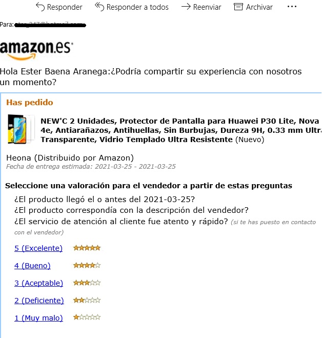 ejemplo de estrategia de mailing de solicitar opiniones de Amazon