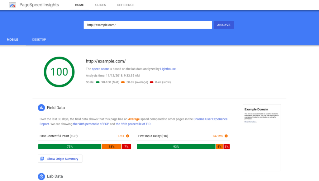 Example of analysis result in Page Speed