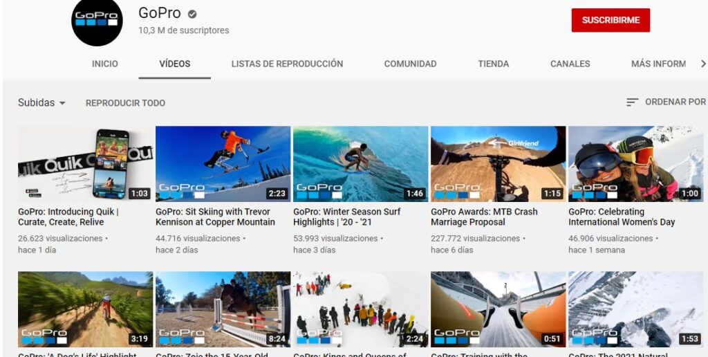 Canal de Youtube de Go Pro para su Inbound Marketing