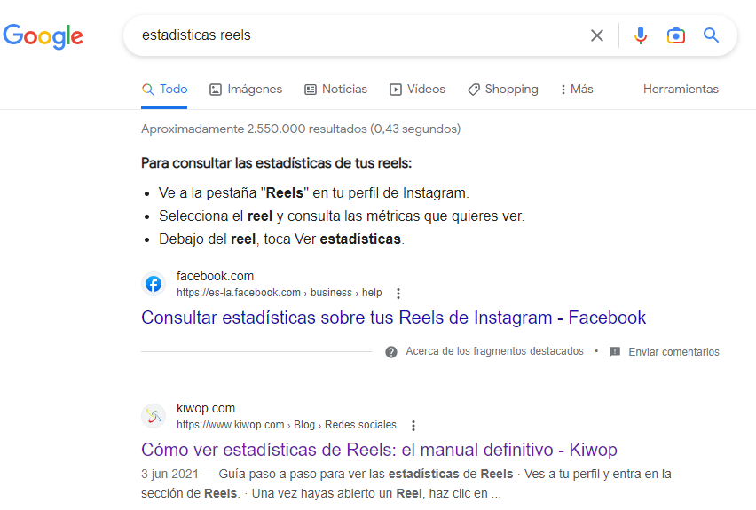 Keyword estadísticas Reels