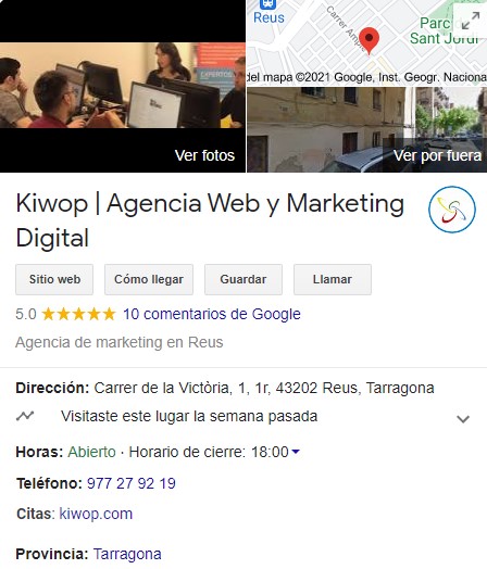 exemple de fitxa google my business de kiwop