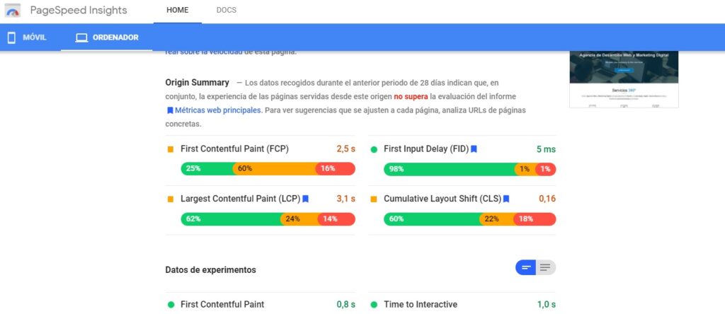 Colors informatius de Google PageSpeed ​​Insights.