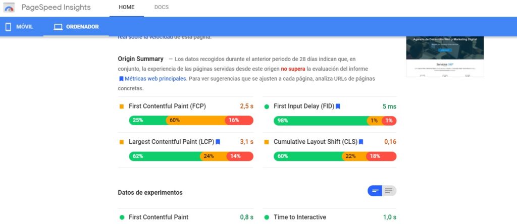 Colores informativos de Google PageSpeed Insights.