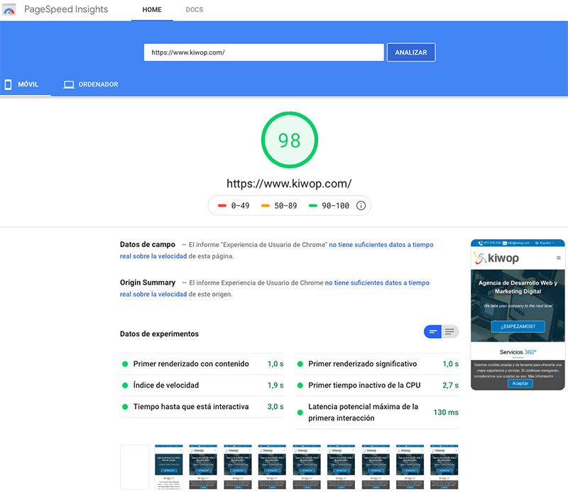 Nota 98 en Google PageSpeed Insights móvil Kiwop