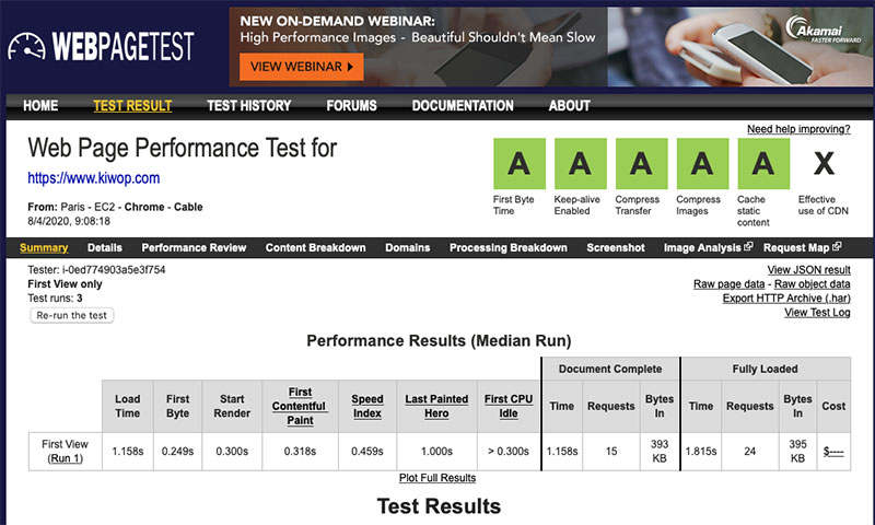 Nota de test velocitat WebPageTest