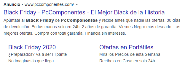 Exemple de Divendres Negre de Google Ads