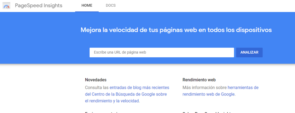 La página de inicio de pagespeed insights