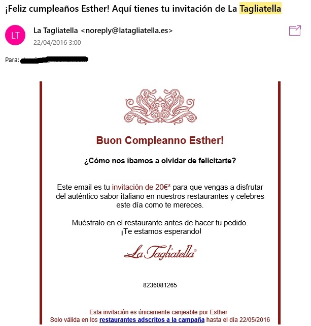 ejemplo de estrategia de mailing de cumpleaños de tagliatella