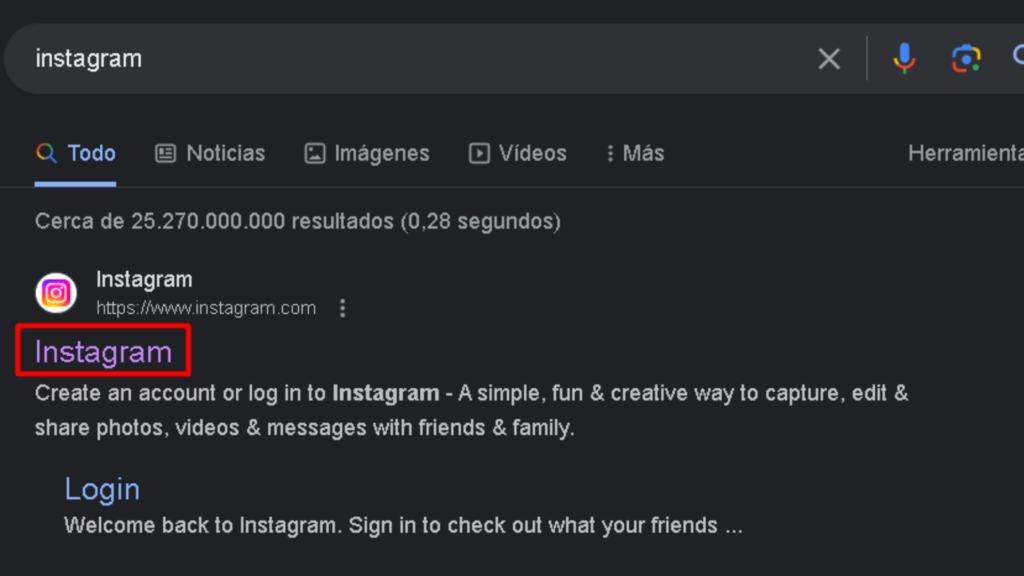 Búsqueda en Google de la página oficial de Instagram