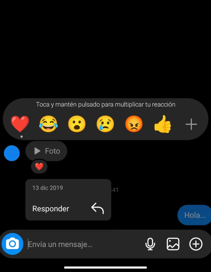 Opciones para de mensajes en chat de Instagram