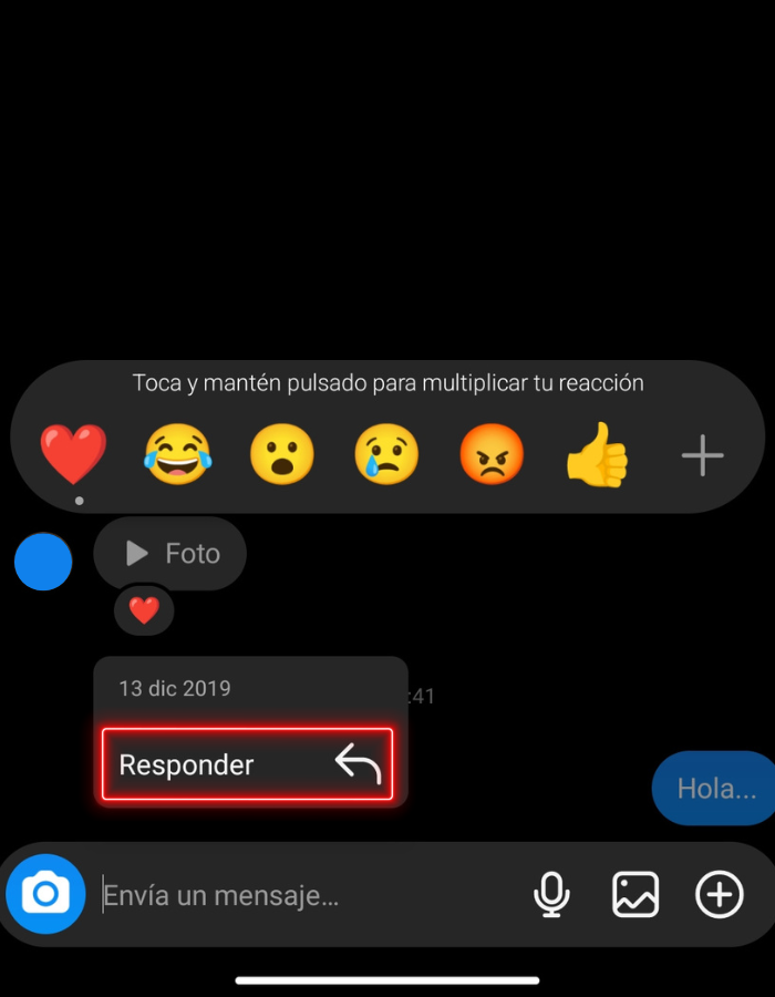 Mensaje seleccionado para responder un mensaje específico en Instagram