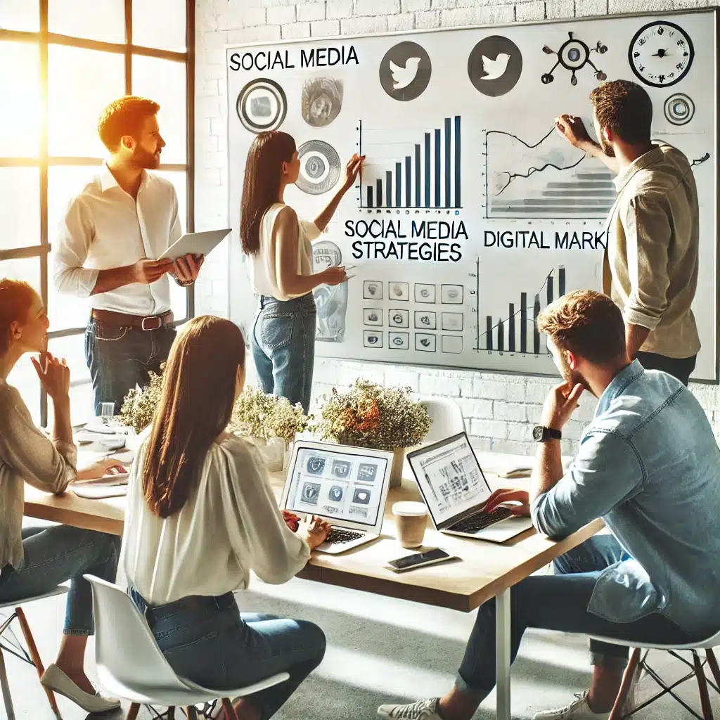 Equipo trabajando en estrategias de redes sociales