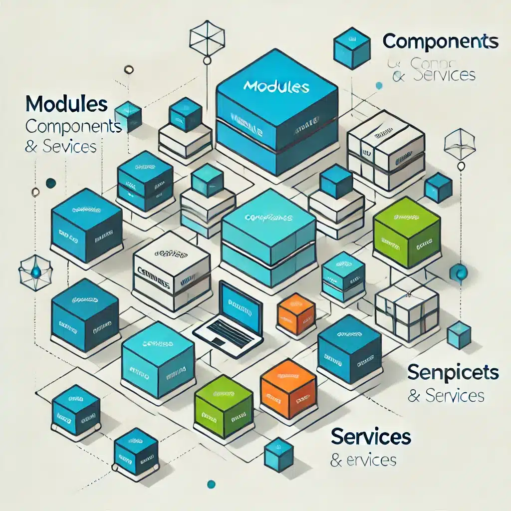 Esquema de arquitectura de Angular con módulos, componentes y servicios