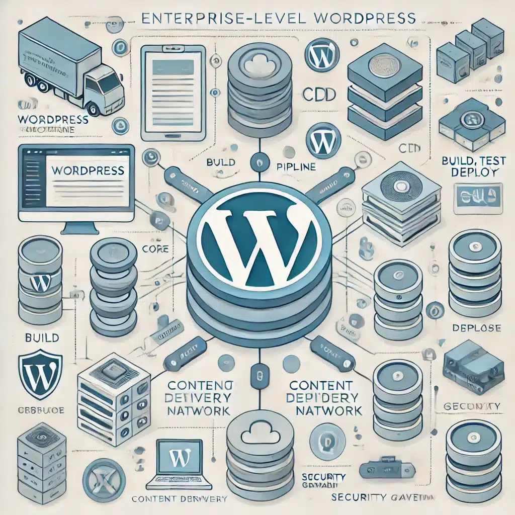Esquema de arquitectura técnica de WordPress empresarial con CI/CD, CDN y sistema de caché