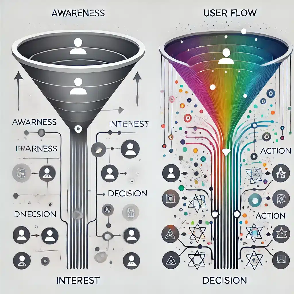 Diagrama comparativo entre embudo clásico vs flujo cuántico